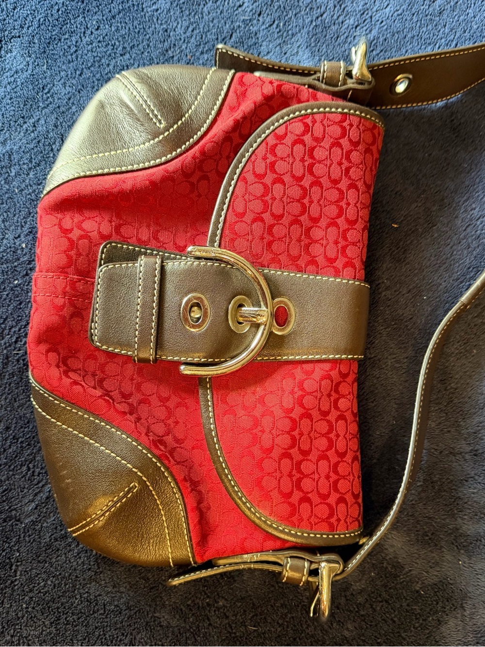Coach Red Canvas Shoulder Bag with Brown Leather Trim
